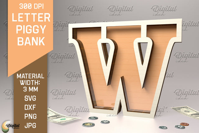 Letter Piggy Bank Laser Cut. Glass Money Box SVG. Letter W SVG Evgenyia Guschina 