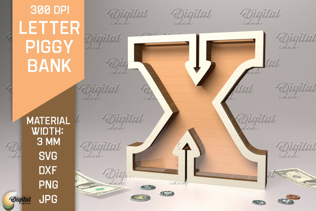 Letter Piggy Bank Laser Cut. Glass Money Box SVG. Letter X SVG Evgenyia Guschina 