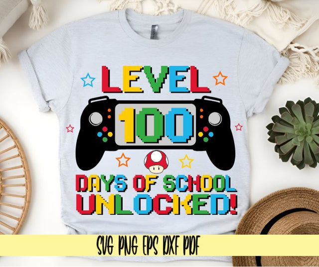 Level 100 Days of School Unlocked - Gamer Boy 100th Day Shirt Design - Digital Cut File for Cricut - SVG PNG PDF DXF EPS SVG DigitalDesigns365 