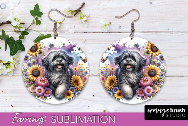 Lhasa Apso Earrings - Dog Mom Floral Round Earring Sublimation Sublimation OrangeBrushStudio 