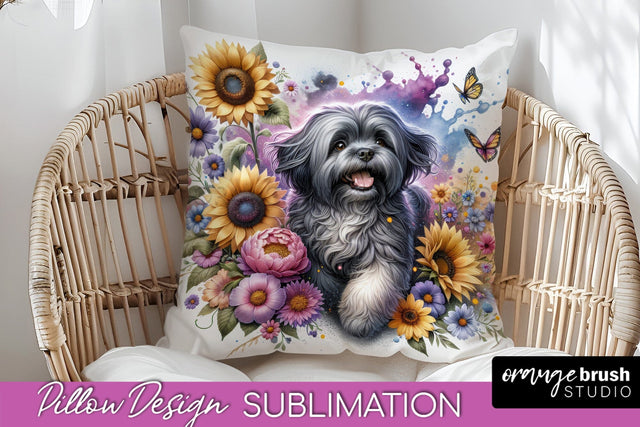 Lhasa Apso Pillow Cover - Dog Mom Floral Pillow Sublimation Sublimation OrangeBrushStudio 