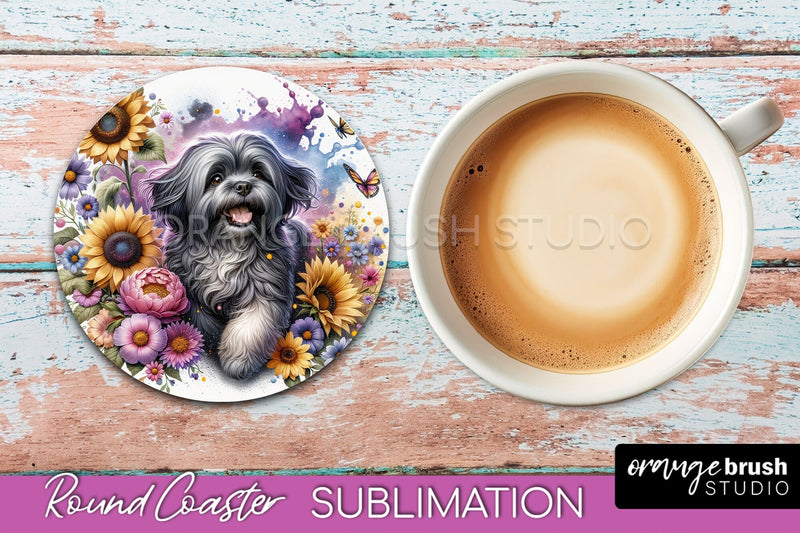 Lhasa Apso Round Coaster - Dog Mom Floral Coaster Sublimation Sublimation OrangeBrushStudio 