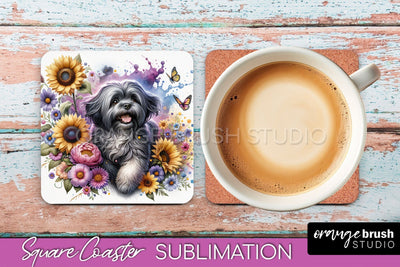 Lhasa Apso Square Coaster - Dog Mom Floral Coaster Sublimation Sublimation OrangeBrushStudio 