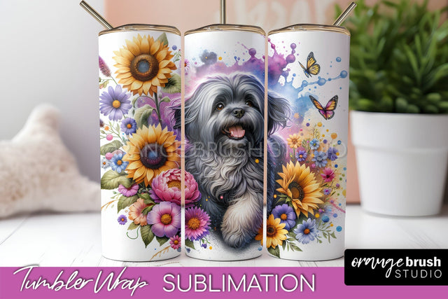 Lhasa Apso Tumbler Wrap - Dog Mom Floral Tumbler Sublimation Sublimation OrangeBrushStudio 