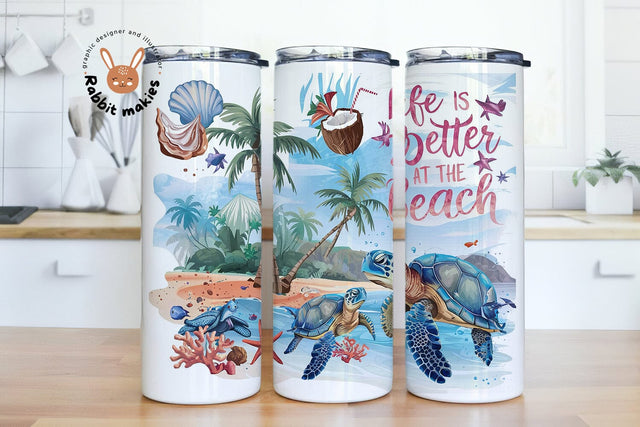 Life is better at the beach 20 oz skinny tumbler sublimation design Summer Turtle Starfish digital PNG Sublimation Rabbitmakies 