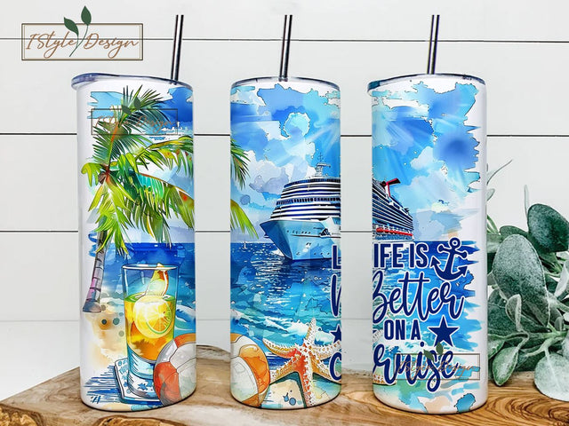 Life is Better on a Cruise Tumbler Wrap - Seamless 20oz skinny sublimation design - PNG instant digital download - Watercolor Cruise Ship Sublimation iStyleDesign 