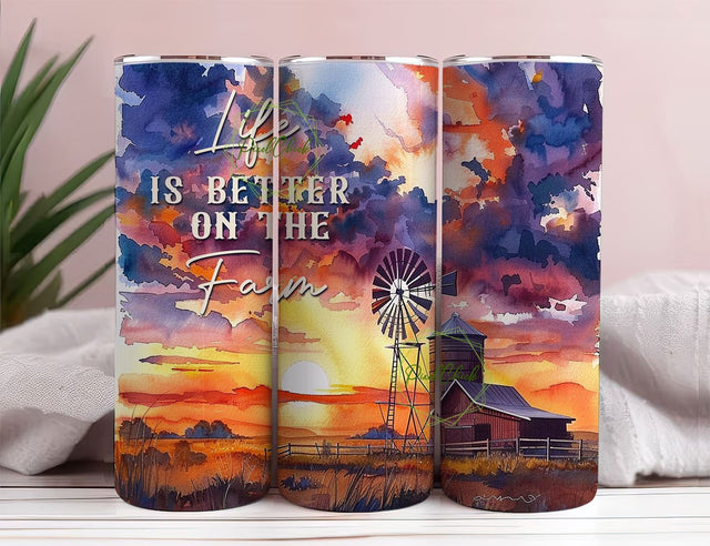 Life is Better on the Farm, 20 oz Skinny Tumbler Wrap Sublimation Design, Barn Field Rustic Ranch Windmill, Digital Download PNG Sublimation PixelChick 