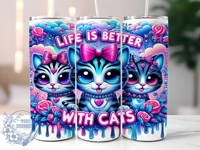 Life is Better With Cats 20oz Skinny Tumbler, Cat Lovers Tumbler Png, Straight & Tapered Tumbler Wrap, Instant Digital Download Sublimation ToriDesigns 