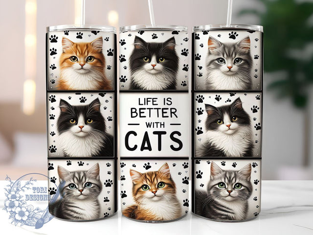Life Is Better With Cats 20oz Skinny Tumbler, Cute Cat Tumbler Png, Straight & Tapered Tumbler Wrap, Instant Digital Download Sublimation ToriDesigns 