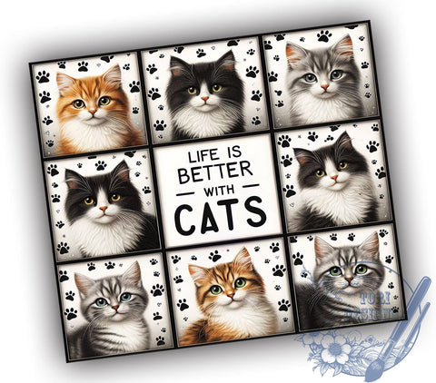 Life Is Better With Cats 20oz Skinny Tumbler, Cute Cat Tumbler Png, Straight & Tapered Tumbler Wrap, Instant Digital Download Sublimation ToriDesigns 