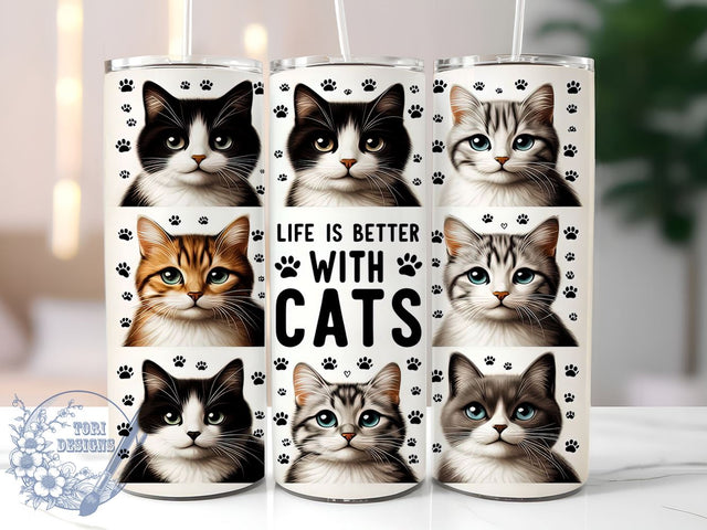 Life Is Better With Cats 20oz Skinny Tumbler, Cute Cat Tumbler Png, Straight & Tapered Tumbler Wrap, Instant Digital Download Sublimation ToriDesigns 