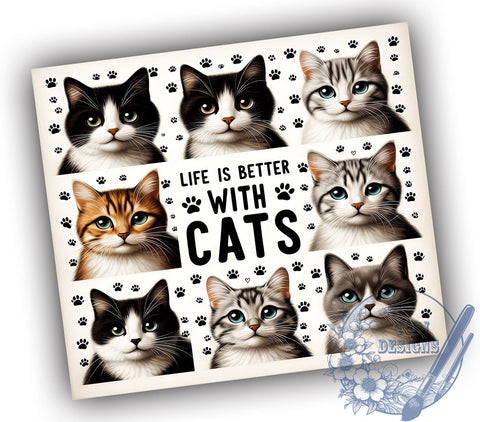 Life Is Better With Cats 20oz Skinny Tumbler, Cute Cat Tumbler Png, Straight & Tapered Tumbler Wrap, Instant Digital Download Sublimation ToriDesigns 