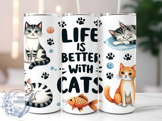 Life is Better with Cats 20oz Skinny Tumbler PNG, Cat Lover Tumbler Sublimation Wrap, Straight & Tapered Tumbler Wrap, Instant Digital Download Sublimation ToriDesigns 