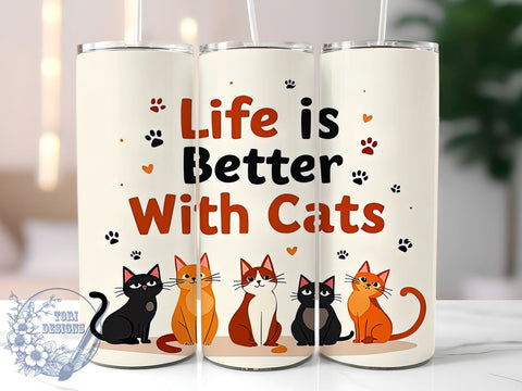 Life Is Better With Cats 20oz Skinny Tumbler PNG, Cute Cat Tumbler Sublimation Wrap, Straight & Tapered Tumbler Wrap, Instant Digital Download Sublimation ToriDesigns 