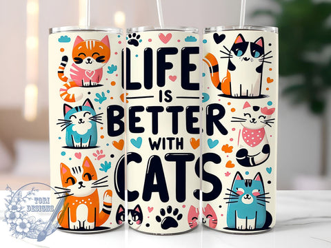 Life Is Better With Cats 20oz Skinny Tumbler PNG, Cute Cat Tumbler Sublimation Wrap, Straight & Tapered Tumbler Wrap, Instant Digital Download Sublimation ToriDesigns 