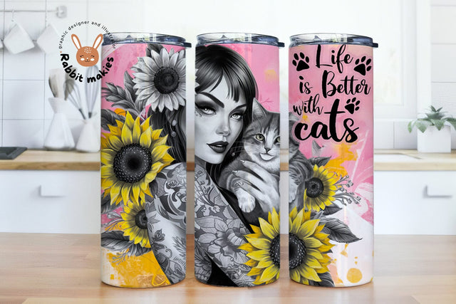 Life is Better With Cats 20oz Skinny Tumbler Wrap, Cat Mom Sublimation Design, Flowers Fur Mama png, Cat Mama, Paws sunflowers png Sublimation Rabbitmakies 