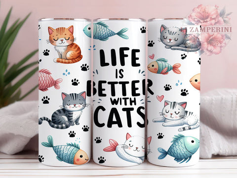 Life is Better with Cats 20oz Tumbler Wrap PNG, Cat Lover Tumbler PNG Sublimation Design, Straight & Tapered Tumbler Wrap, Instant Digital Download Sublimation Li Zamperini 