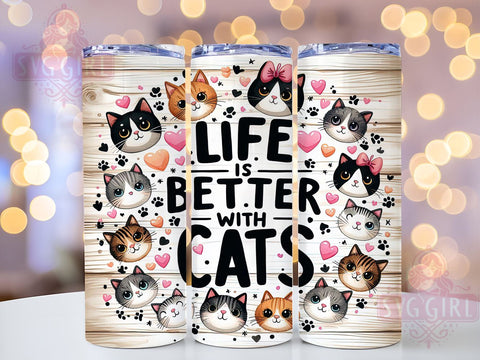 Life is Better With Cats 20oz Tumbler Wrap Sublimation Design, Straight Tapered Tumbler Wrap, Cat Lovers Tumbler Png, Instant Digital Download Sublimation SvggirlplusArt 