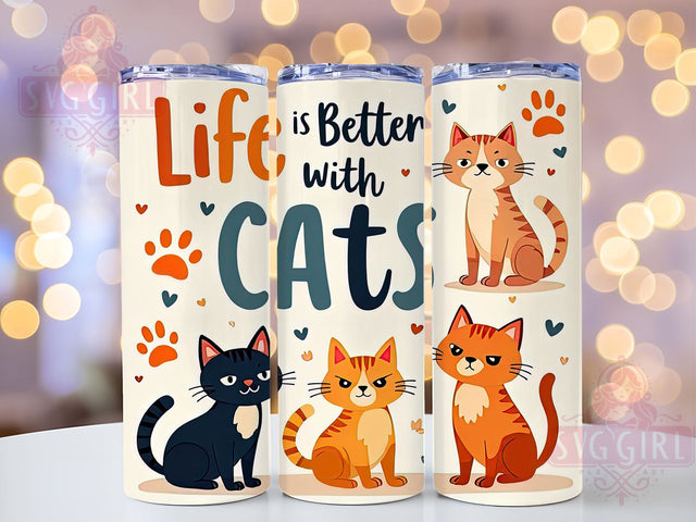 Life Is Better With Cats 20oz Tumbler Wrap Sublimation Design, Straight Tapered Tumbler Wrap, Cute Cat Tumbler Png, Instant Digital Download Sublimation SvggirlplusArt 