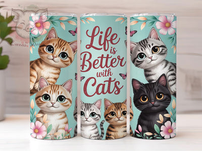 Life Is Better With Cats Tumbler, Floral Kitten Wrap, Cute Cat Lover Cup, 20oz Sublimation Wrap, Stylish Cat Design Tumbler, Artistic Floral Cat Cup, Pet Cat Theme Wrap Sublimation Lara' s Designs 