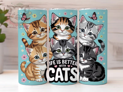 Life Is Better With Cats Tumbler, Floral Kitten Wrap, Cute Cat Lover Cup, 20oz Sublimation Wrap, Stylish Cat Design Tumbler, Artistic Floral Cat Cup, Pet Cat Theme Wrap Sublimation Lara' s Designs 