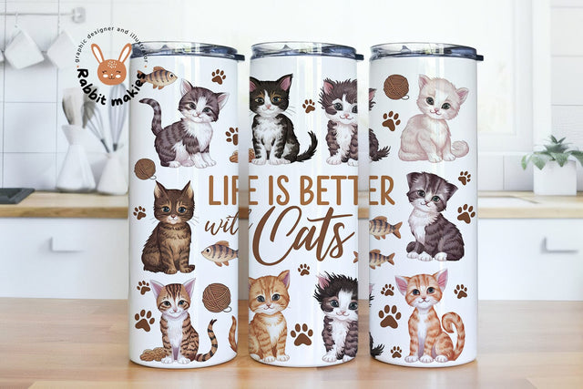 Life Is Better With Cats Tumbler Wrap PNG, 20 oz Skinny Tumbler Sublimation Design Instant Digital Download Only, Cute Kitty Tumbler Wrap Sublimation Rabbitmakies 