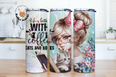 Life Is Better With Coffee Cats and Books 20 Oz Skinny Tumbler, Cat Reading Coffee Tumbler Wrap Sublimation Design Sublimation Rabbitmakies 