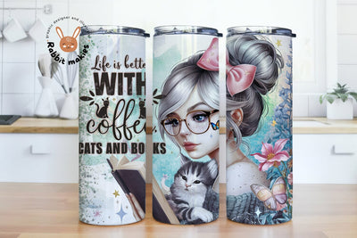 Life Is Better With Coffee Cats and Books 20 Oz Skinny Tumbler, Cat Reading Coffee Tumbler Wrap Sublimation Design Sublimation Rabbitmakies 