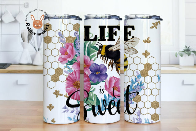 Life is sweet Tumbler PNG, Gold Honeycomb 20 oz Skinny Tumbler PNG, Bee Tumbler Wrap, Bee Quote Sublimation Tumbler Design Sublimation Rabbitmakies 