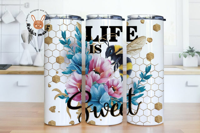 Life is sweet Tumbler PNG, Gold Honeycomb 20 oz Skinny Tumbler PNG, Bee Tumbler Wrap, Bee Quote Sublimation Tumbler Design Sublimation Rabbitmakies 