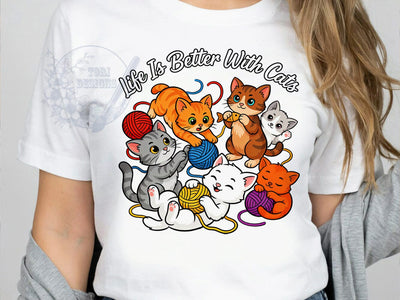 Life With Cats T-Shirt PNG, Playful Kittens, Cartoon Cats, Yarn Balls, Sublimation PNG, Cute Cat Shirt, Feline Friends Sublimation ToriDesigns 