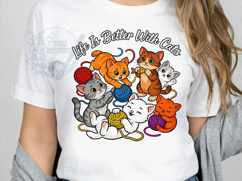 Life With Cats T-Shirt PNG, Playful Kittens, Cartoon Cats, Yarn Balls, Sublimation PNG, Cute Cat Shirt, Feline Friends Sublimation ToriDesigns 