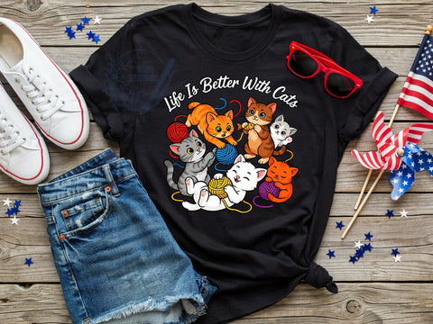 Life With Cats T-Shirt PNG, Playful Kittens, Cartoon Cats, Yarn Balls, Sublimation PNG, Cute Cat Shirt, Feline Friends Sublimation ToriDesigns 
