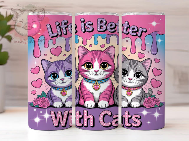 Life with Cats Whimsical Style 20oz Tumbler, Cartoon Cats, Cute Cat Design, Whimsical Style, Pet Lover, 20oz Tumbler Wrap, Sublimation PNG Sublimation Lara' s Designs 