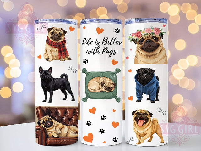 Life with Pugs Art 20oz Tumbler Wrap, Pug Motif, Dog Lovers, Pet Theme, Whimsical Charm, Cute Pattern, Skinny Tumbler, Sublimation PNG Sublimation SvggirlplusArt 