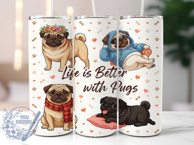Life with Pugs Collage 20oz Tumbler, 3D Pug Art, Cute Pug Collage, Playful Dogs, Whimsical Illustration, Skinny Tumbler, Sublimation PNG Sublimation ToriDesigns 