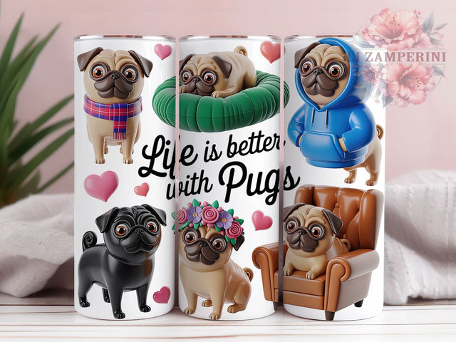 Life With Pugs Cute Dogs 20oz Tumbler, Cute Pug Dogs, Dog Outfits, Pet Lover, Adorable Cartoon, 20oz Tumbler Wrap, Sublimation PNG Sublimation Li Zamperini 
