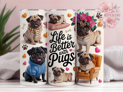 Life with Pugs Playful Charm 20oz Tumbler, Cute Pug Dogs, Playful Poses, Striped Scarf, Dog Illustration, Skinny Tumbler, Sublimation PNG Sublimation Li Zamperini 