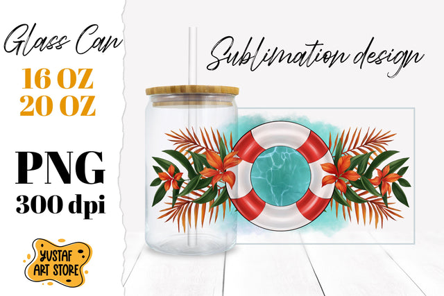 Lifebuoy and Tropical leaves Glass Can. Cruise glass can Sublimation Yustaf Art Store 