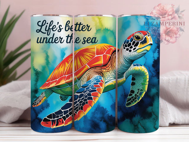 Life’s Better Sea Turtle 20oz Tumbler, Ocean Gift, Sublimation Wrap, Beach Mug, 20oz Tumbler Design, Life’s Better Under The Sea Quote, Marine Animal Theme Sublimation Li Zamperini 