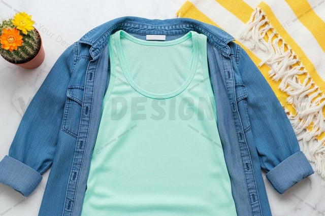 Light blue denim jacket with mint green t-shirt Mock Up Photo Regulrcrative 