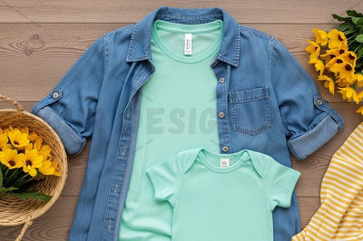 Light blue denim jacket with mint green t-shirts Mock Up Photo Regulrcrative 