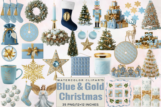 Light Blue & Gold Christmas Clipart Bundle. Sublimation SVGArt 