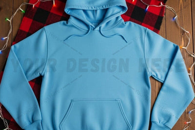 Light blue hoodie with buffalo plaid lining Mock Up Photo Designangry 
