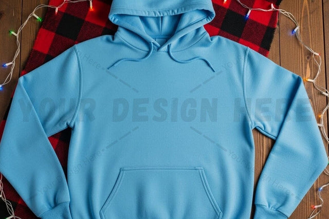Light blue hoodie with buffalo plaid lining Mock Up Photo Designangry 