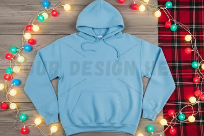 Light blue hoodie with christmas decorations Mock Up Photo Designangry 