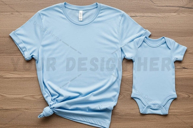 Light blue t-shirt and onesie set Mock Up Photo Regulrcrative 