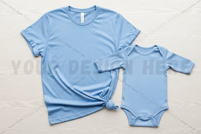 Light blue t-shirt and onesie set Mock Up Photo Regulrcrative 