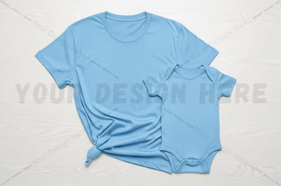 Light blue t-shirt and onesie set Mock Up Photo Regulrcrative 