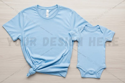 Light blue t-shirt and onesie set Mock Up Photo Regulrcrative 